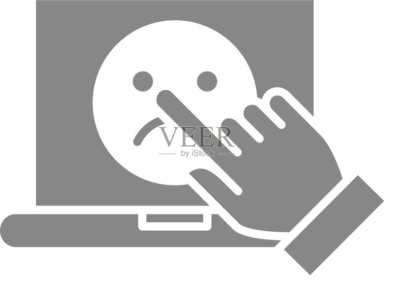 笔记本电脑灰色图标上的人类投票悲伤的脸图标素材