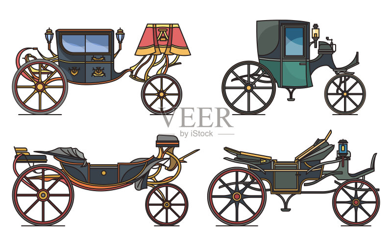 复古出租马车或中世纪战车套装图标素材