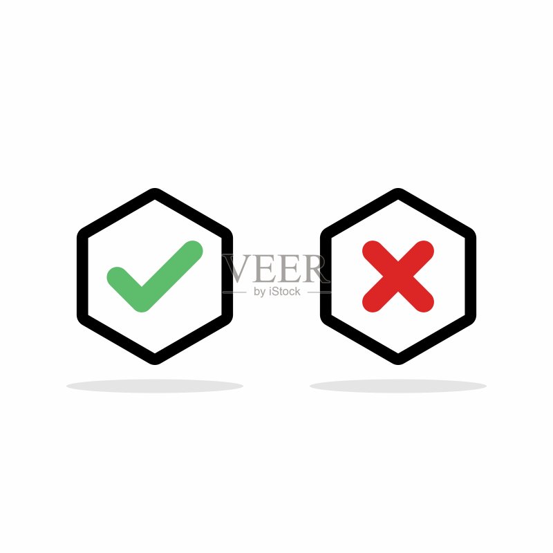 检查和错误标记，打勾和打叉标记，接受/拒绝，批准/不批准，是/否，对/错，绿/红，正确/假，Ok/不Ok -绿色和红色的矢量标记符号。孤立的图标。图标素材