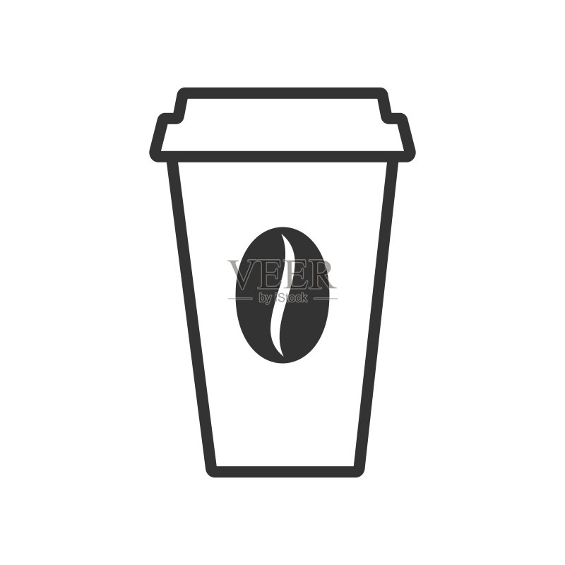 带有咖啡豆的咖啡杯矢量图标。纸杯logo模板。外卖概念。白色背景上的独立插图。扁平风格设计。图标素材