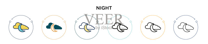 填充细线轮廓和描边的夜间图标图标素材