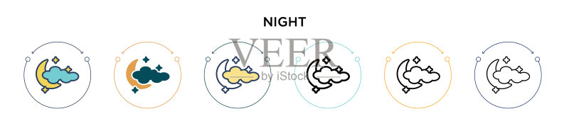 填充细线轮廓和描边的夜间图标图标素材