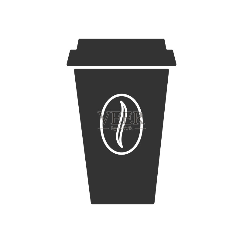 带有咖啡豆的咖啡杯矢量图标。纸杯logo模板。外卖概念。白色背景上的独立插图。扁平风格设计。图标素材