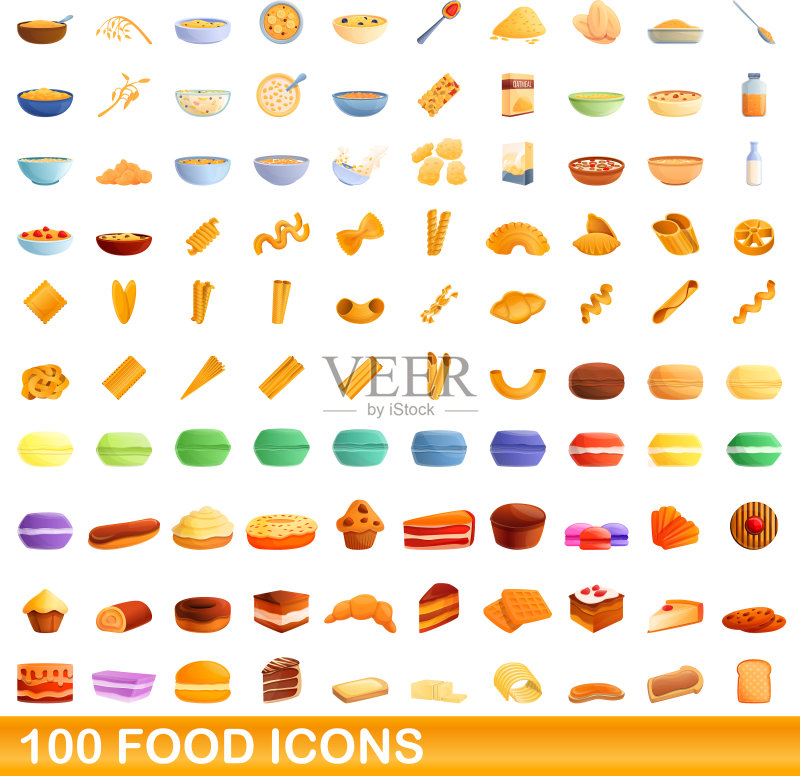 100个食物图标集，卡通风格图标素材