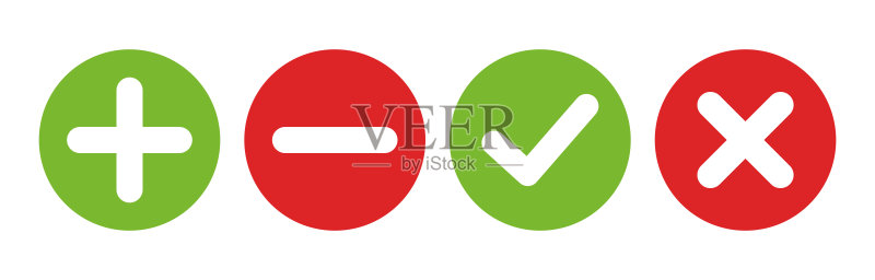 扁平风格的加减号、勾号和叉号计算器图标。正负圆形按钮。白色背景上隔离的数学符号。图标素材