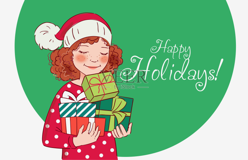 带着圣诞礼物的可爱女孩正版插画素材