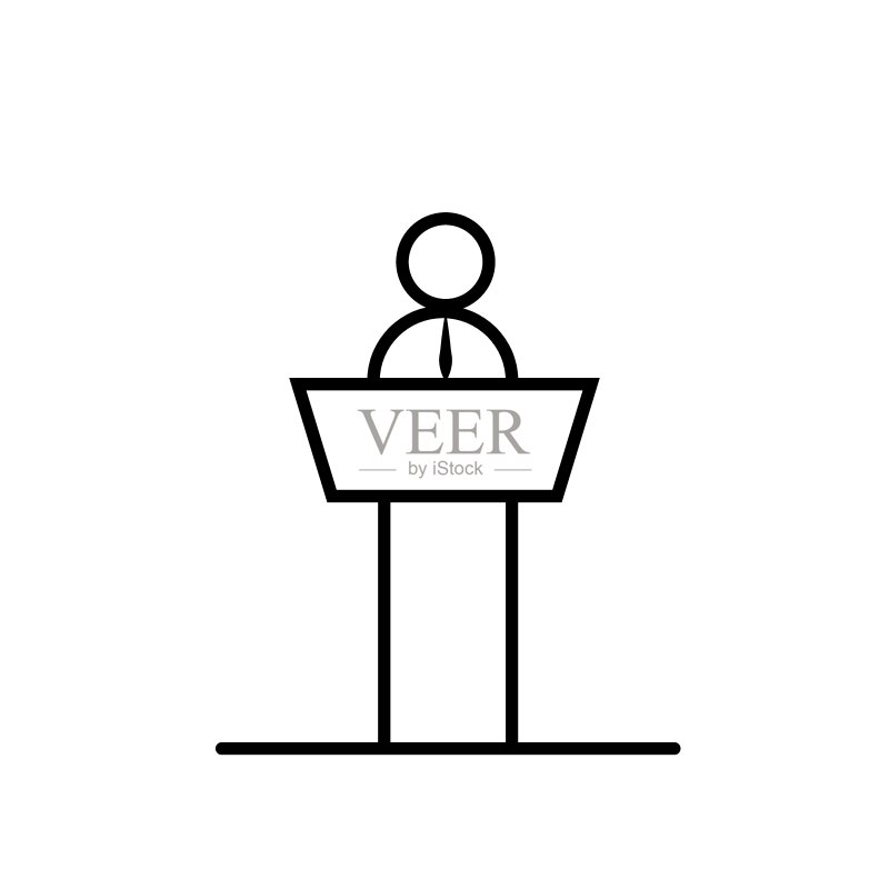 黑色演讲或会议细线图标。演讲台上的人在演讲。讲台后的商业教练标志。扁平隔离符号，用于：logo、移动、app、web、UI、UX。矢量EPS 10图标素材