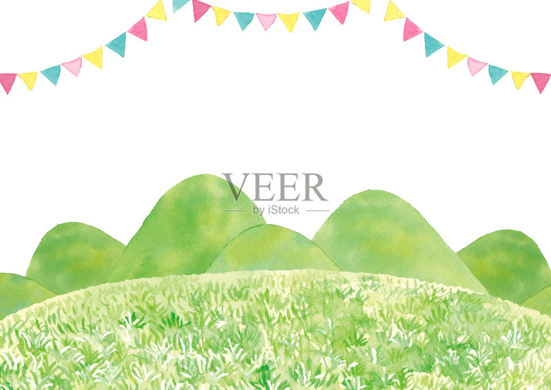 山和草坪景观水彩背景正版插画素材