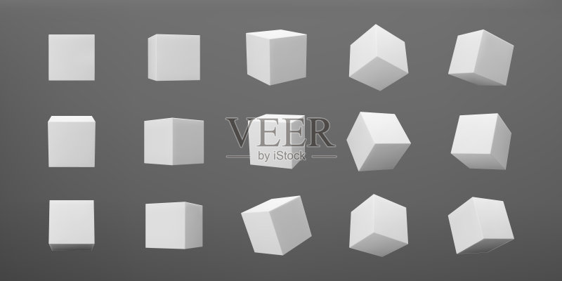 深色背景上带有透视的白色3D建模立方体：具有光影效果的旋转3D盒子矢量图标图标素材