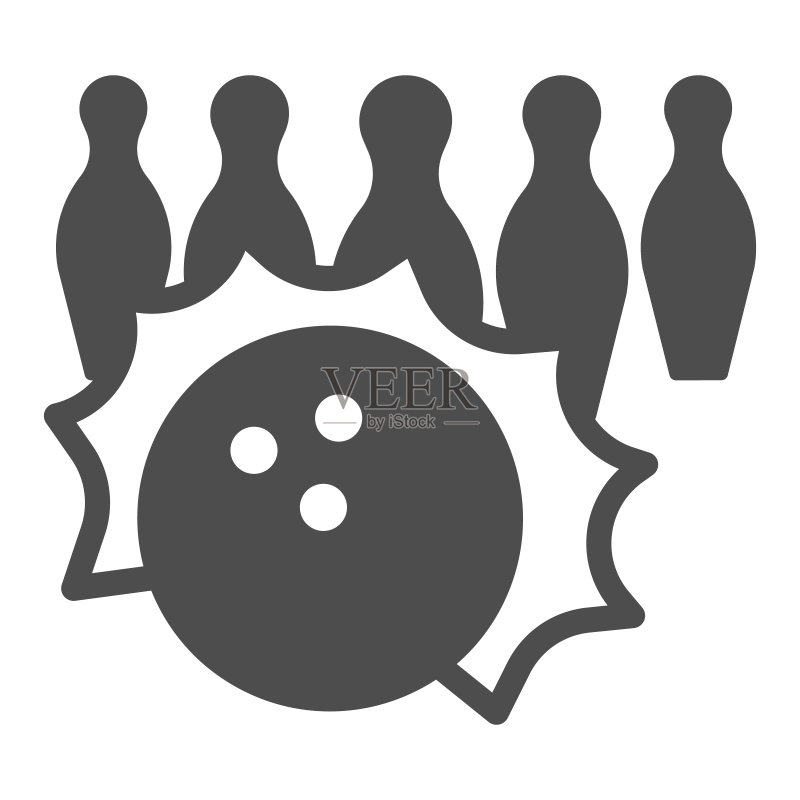 保龄球瓶实体图标，保龄球概念，白色背景上的保龄球比赛标志，适用于移动概念和网页设计的字形风格的球瓶和滚动球图标，矢量图形图标素材