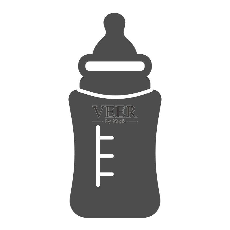 带有奶嘴的牛奶瓶实体图标，乳制品概念，白色背景上的婴儿奶瓶标志，用于移动概念和网页设计的字形样式喂养瓶图标。矢量图形。图标素材
