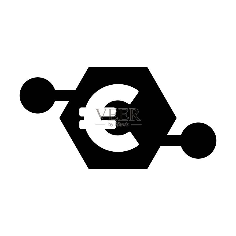 数字欧元图标矢量货币符号，用于数字交易的资产和钱包，扁平颜色字形象形图图标素材