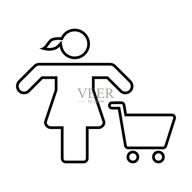 平板彩色符号图中的女性购物轮廓矢量购物车图标图标素材