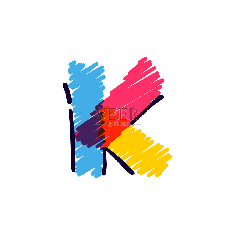 手绘彩色铅笔K字母标志图标素材