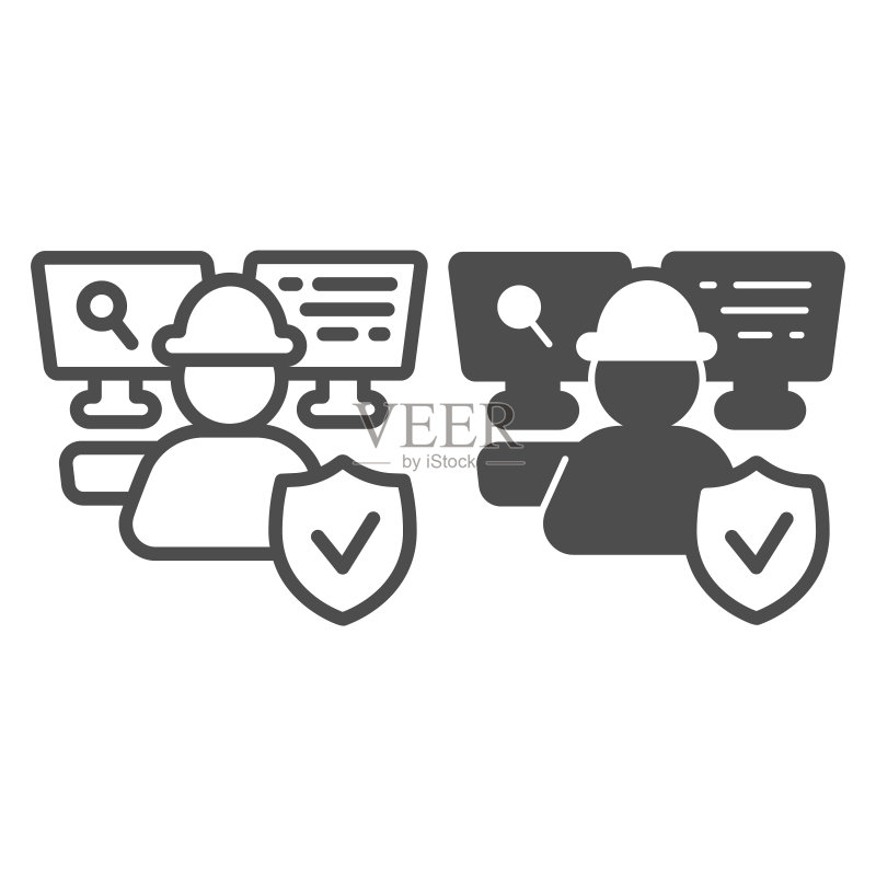 工作中的IT专家，线路和实体图标，PC维修概念，白色背景上的IT专家矢量标志，头盔男子工作轮廓风格，适用于移动概念和网页设计。矢量图形图标素材
