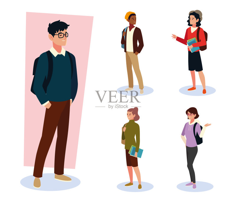 一组不同的男女学生图标素材