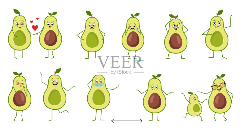 不同造型的可爱牛油果角色素材图标素材