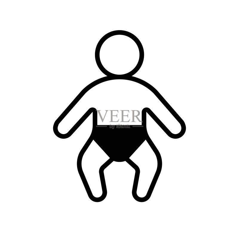 穿着尿布的宝宝黑色线条图标。儿童或小孩。流行的平面独立符号，标志可用于：插图、轮廓、标志、手机、应用程序、徽章、设计、网络、开发、网站、用户界面、用户体验、图形用户界面。矢量 EPS 10图标素材