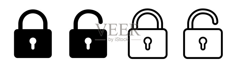 锁图标集合。锁定和解锁的黑线图标集。图标素材