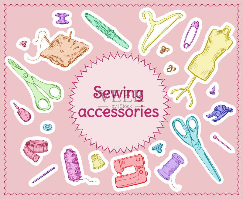 缝纫工具彩色素描套装图标素材