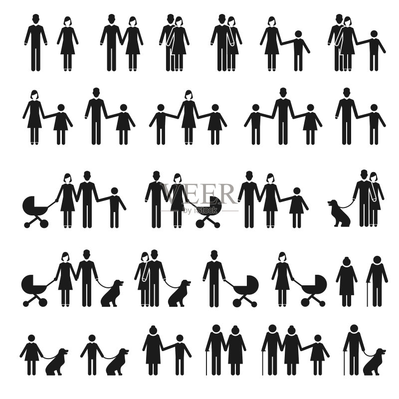 家庭人物图标：男人、女人、孩子、宠物图标素材