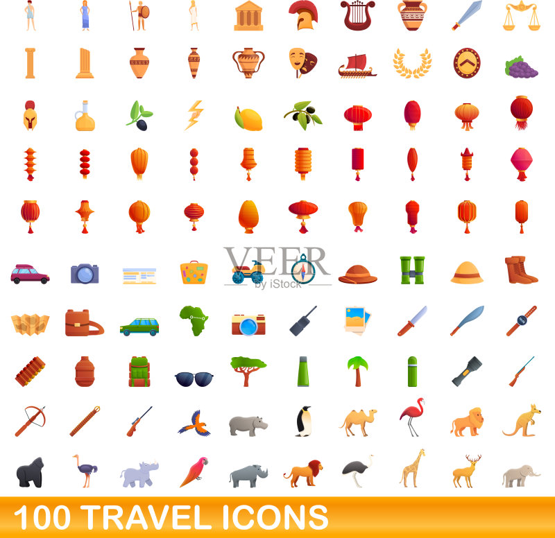100个卡通风格旅行图标合集图标素材