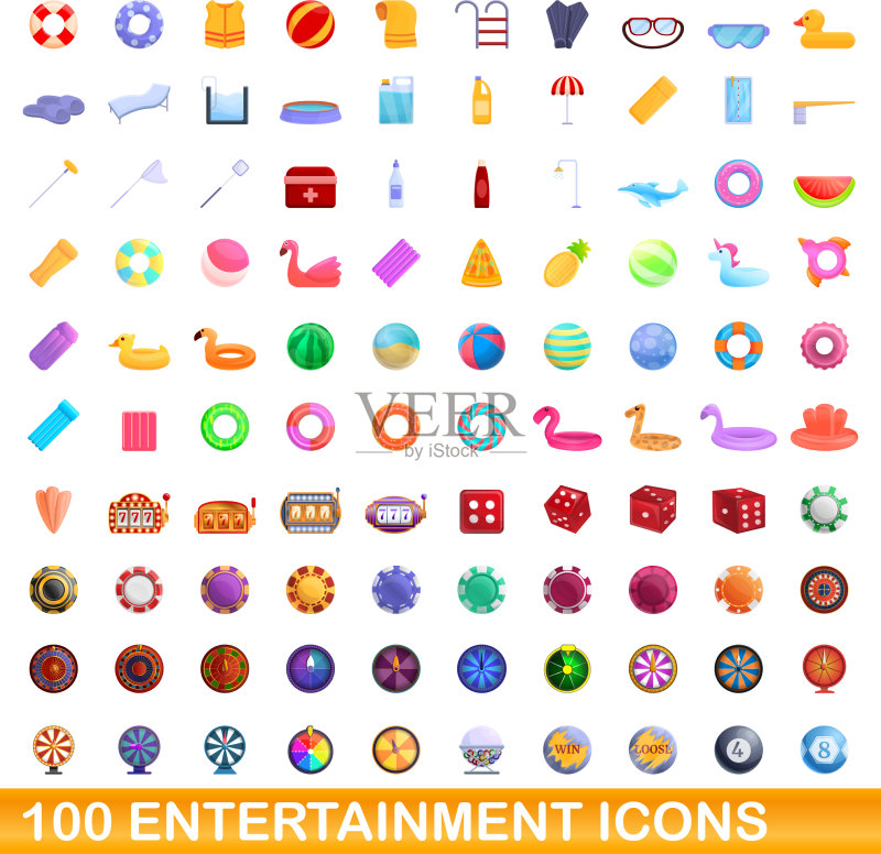 100个卡通风格的娱乐图标集图标素材