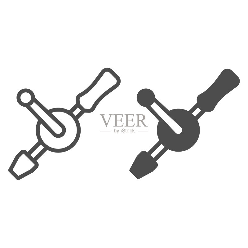 手钻线和实体图标，施工工具概念，白色背景上手持钻机矢量标志，移动概念和网页设计的轮廓样式图标。矢量图形图标素材