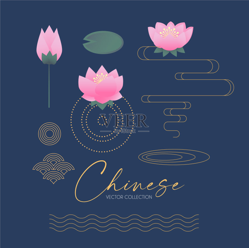 莲花与亚洲图形元素中式合集图标素材