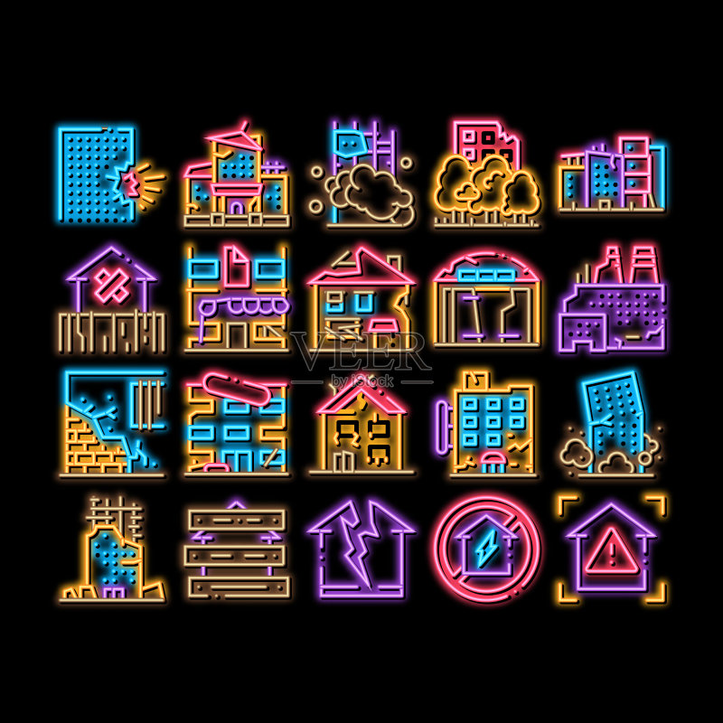 破损的房屋建筑霓虹灯发光图标图标素材