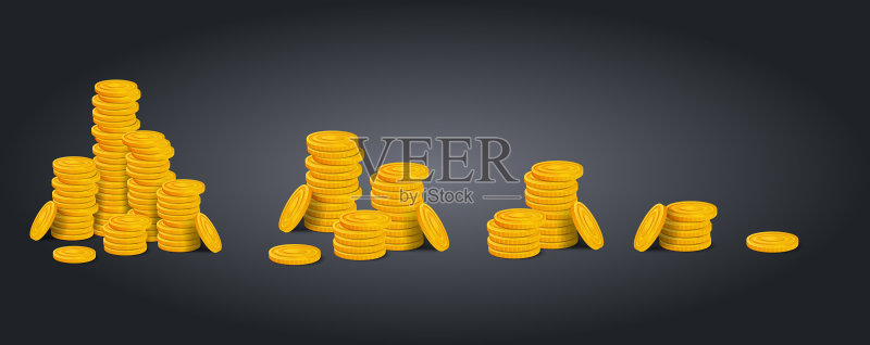 黑色背景上的金色硬币堆叠套装图标素材