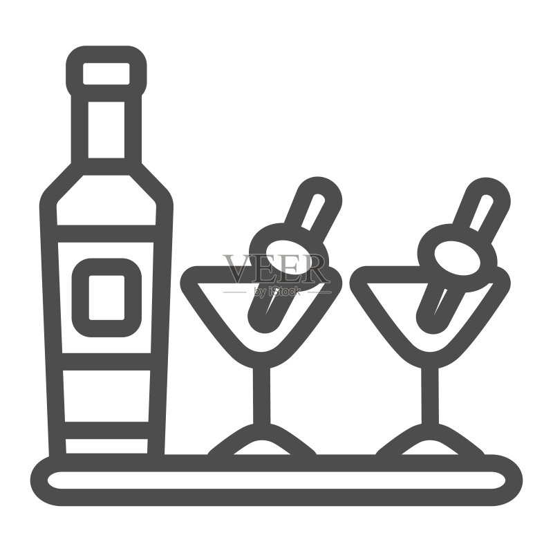 马提尼酒瓶、酒杯和橄榄插线图标图标素材