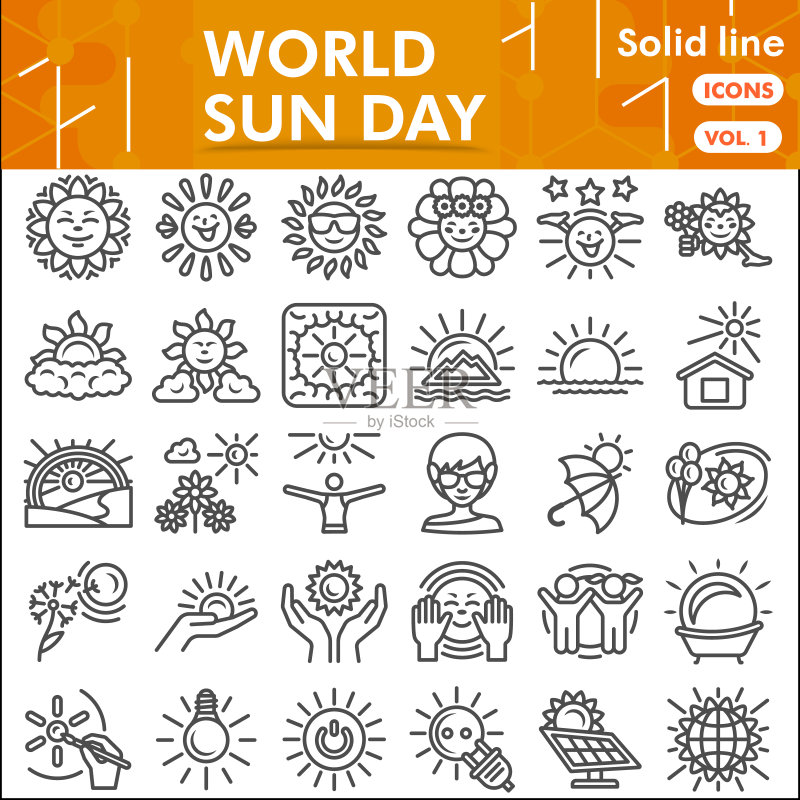 世界太阳日：夏季符号、太阳能线性图标，适用于网页和App图标素材