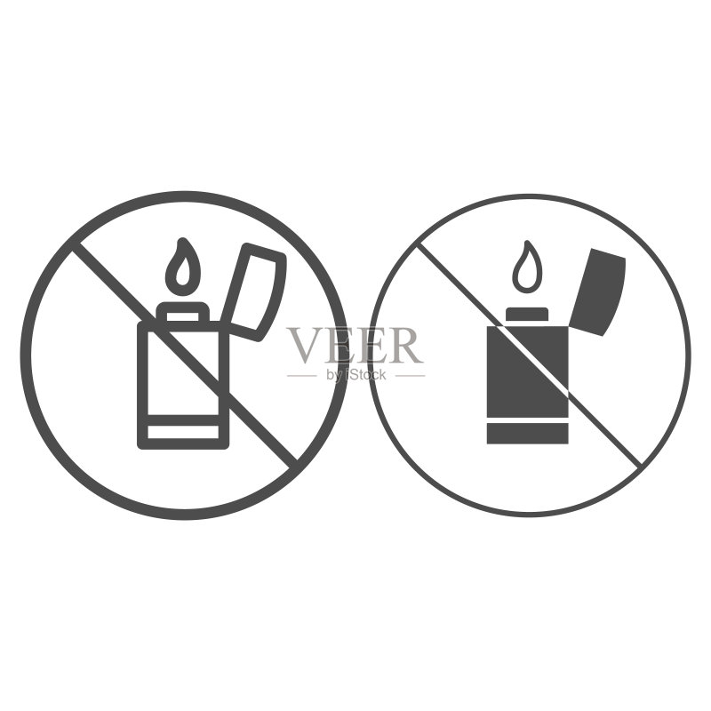 禁止易燃物品标志：安全检查概念，禁止打火机矢量标志，白色背景轮廓样式图标，用于移动概念和网页设计。矢量图形图标素材