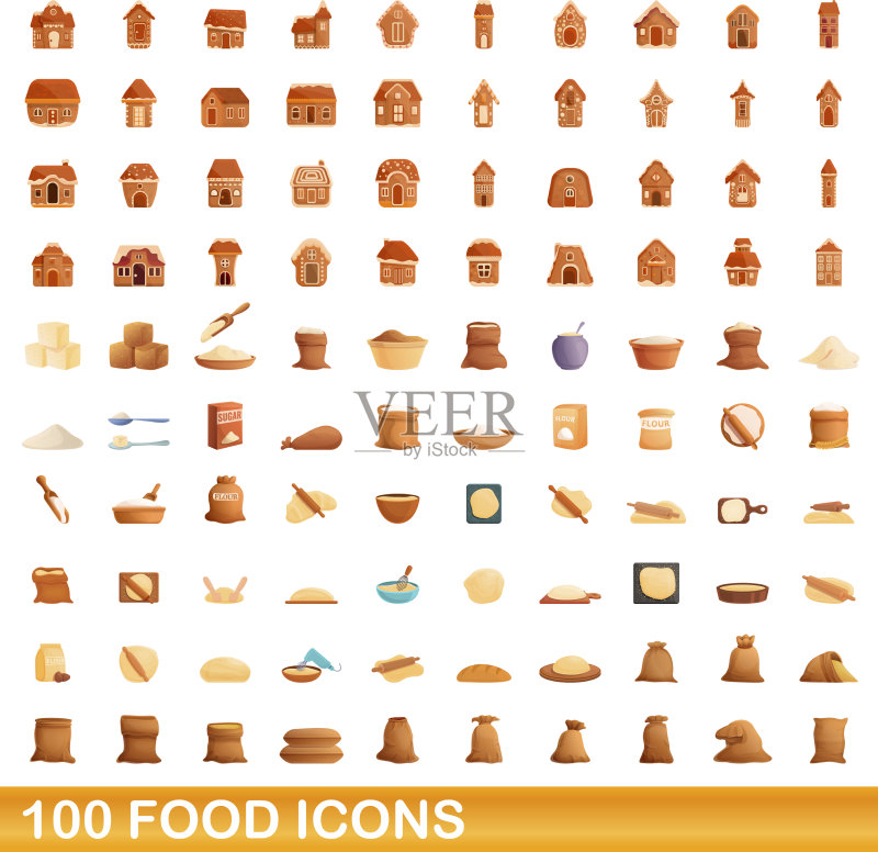 100个食物图标集，卡通风格图标素材