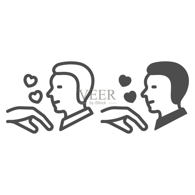 男人亲吻手背，带有心形线条和实心图标的约会和恋爱概念矢量符号图标素材