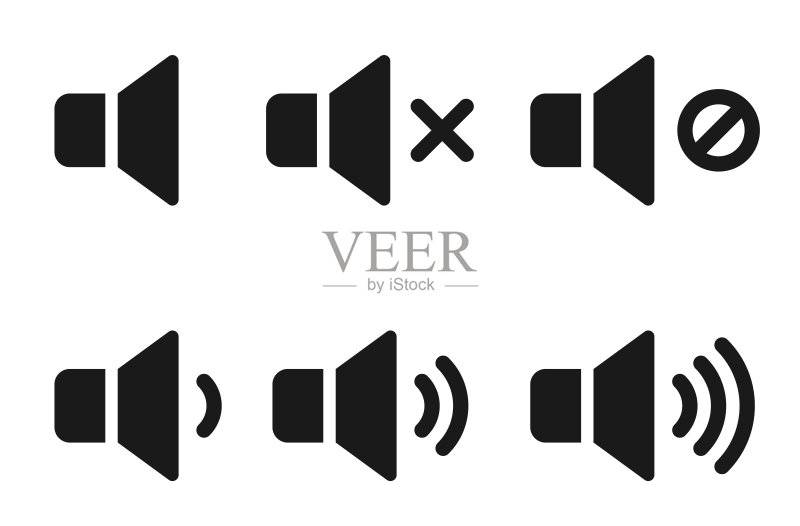 声音图标集。矢量隔离的声音音量调高、调低或静音控制集合。音量控制符号。音频声音图标 - 股票矢量。图标素材