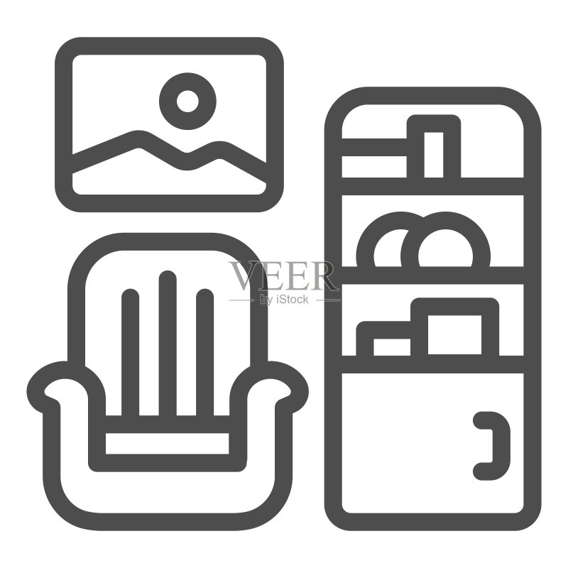 扶手椅、图片和衣柜线条图标，室内设计概念，白色背景上的客厅标志，轮廓风格的扶手椅、绘画和橱柜图标。矢量图形。图标素材