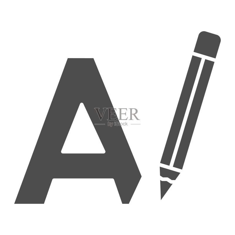 字母A和铅笔，书写图标，语言学概念，白色背景上的A矢量符号，移动概念和网页设计的字形图标。矢量图形图标素材