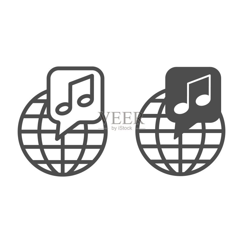 带有音符的地球，全球音乐线性图标和实体图标，音乐概念，白色背景上的国际音乐矢量符号，移动概念和网页设计的轮廓样式图标。矢量图形。图标素材