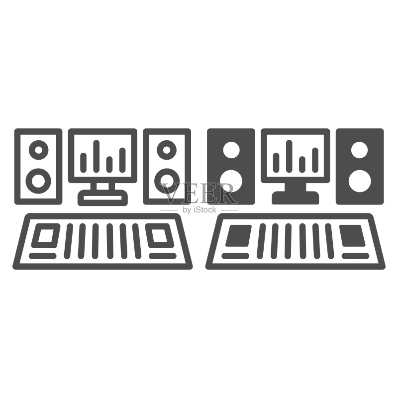 带有监视器和扬声器线条和实体图标的录音室控制台，音乐概念，白色背景上的声音矢量标志，移动概念和网页设计的轮廓样式图标。矢量图形。图标素材