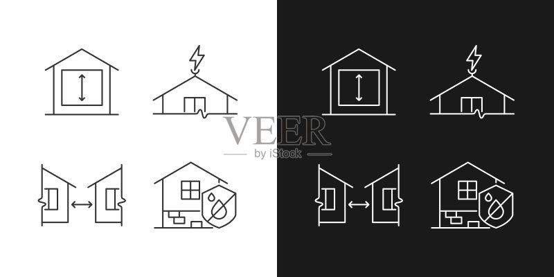 黑暗和光模式下的建筑安全房屋线性图标集图标素材