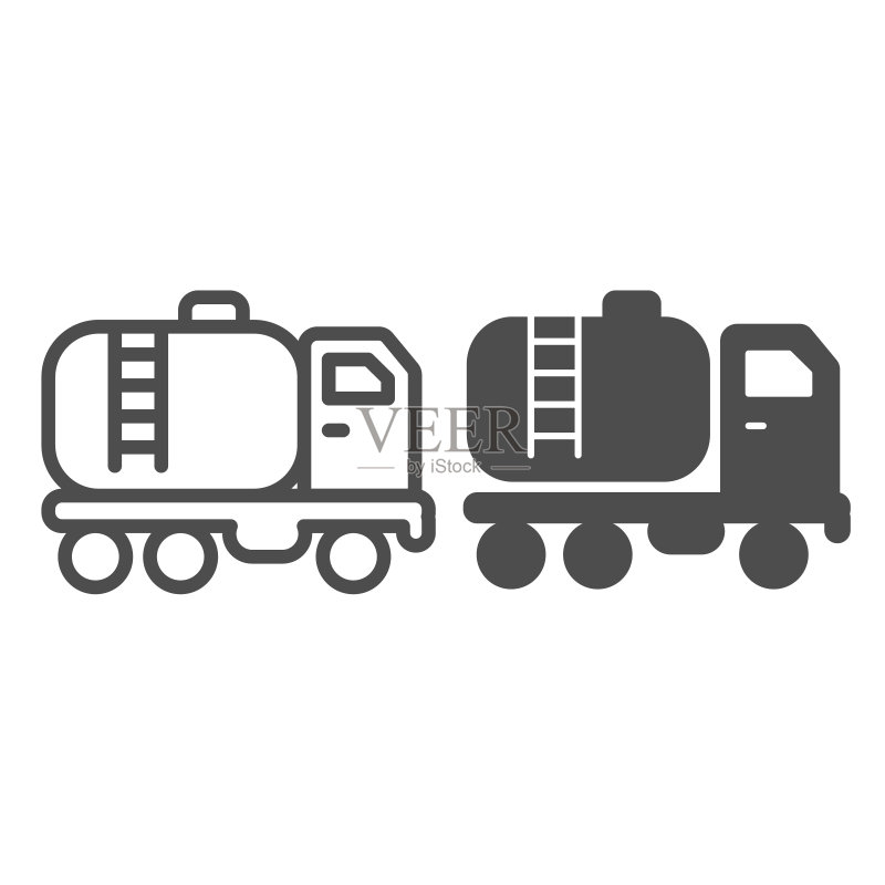 油罐车，汽油罐车线条图标，石油工业概念，货物、气体、石油白色背景矢量标志，移动概念和网页设计的轮廓样式图标。矢量图形。图标素材