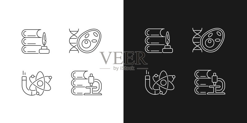 学校科目多样性线性图标集（黑暗和浅色模式）图标素材
