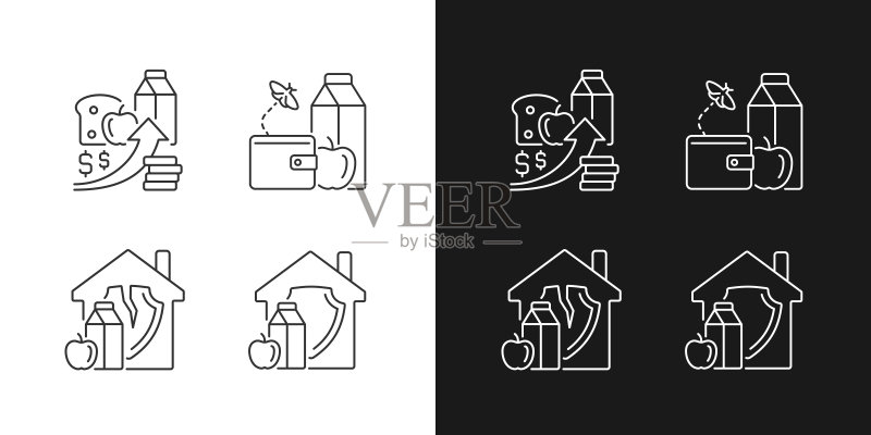 深色和浅色模式下的贫困和饥饿线性图标集图标素材
