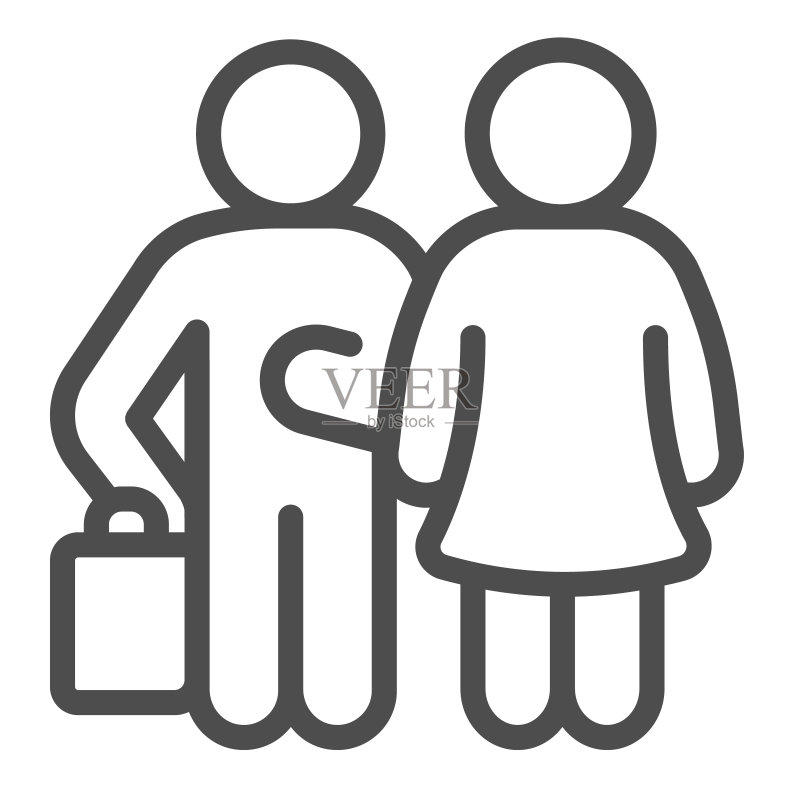 带行李的男人和女人线条图标，约会和伙伴关系概念，移动，白色背景上的旅行矢量标志，移动概念和网页设计的轮廓风格图标，矢量图形图标素材