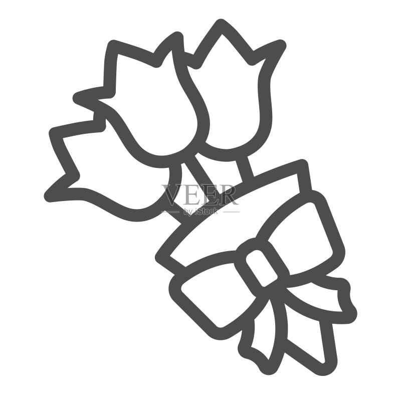 带蝴蝶结的花束线条图标，约会和浪漫概念，白色背景上的花朵矢量符号，移动概念和网页设计的轮廓样式图标。矢量图形图标素材