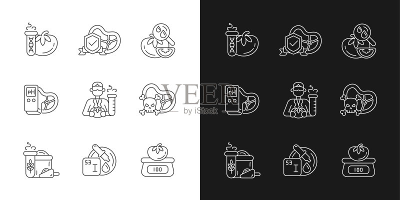 深色和浅色模式下的有机产品测试线性图标集图标素材