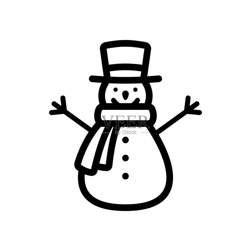 雪人图标黑色轮廓线性剪影正面视图矢量扁平图形插图白色背景上的孤立对象图标素材