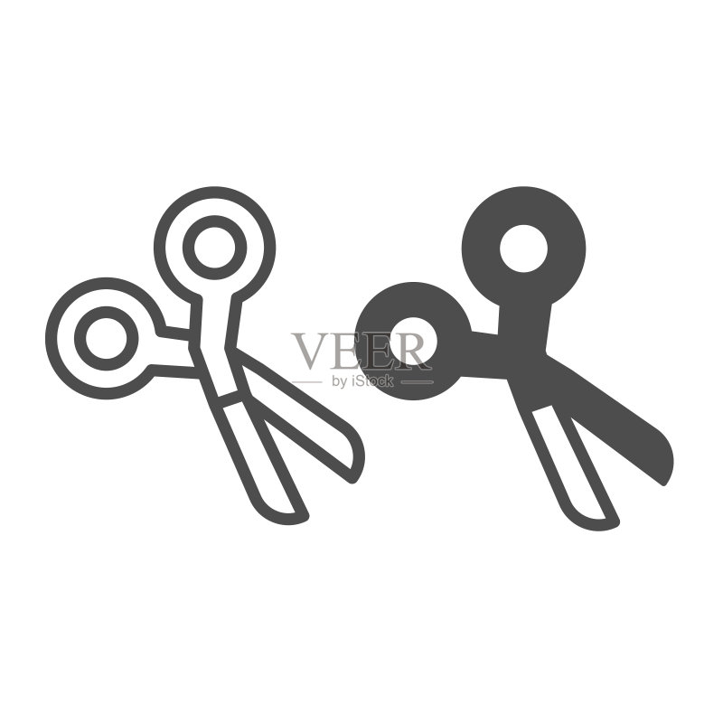 剪刀工具学校裁剪实线图标：用于教育概念、白色背景上的剪切矢量标志、以及移动概念和网页设计的轮廓样式图标矢量图形图标素材
